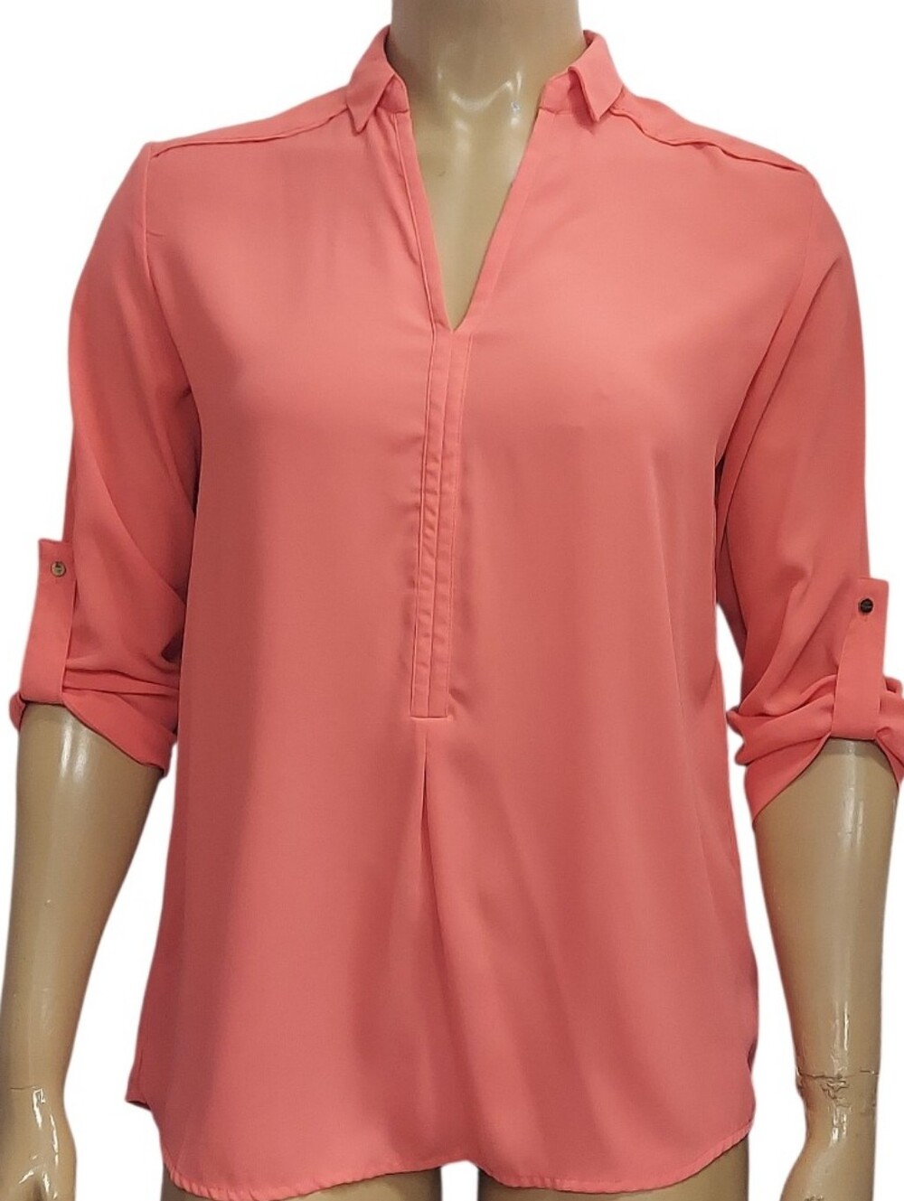 Mossimo Coral Tone Roll-Tab Sleeve V-Neck Blouse Top